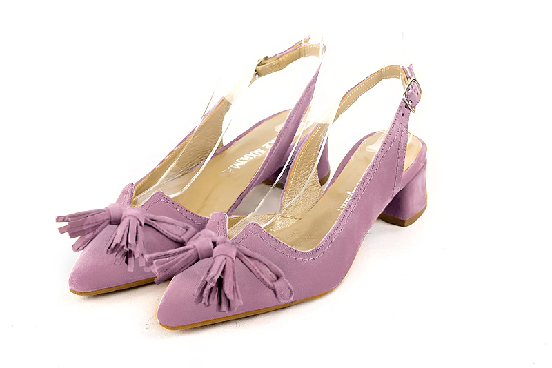 Mauve purple women's open back shoes, with a knot. Tapered toe. Low flare heels. Front view - Florence KOOIJMAN
